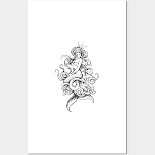 Mermaid and Octopus Drawn in Engraving Style Posters and Art